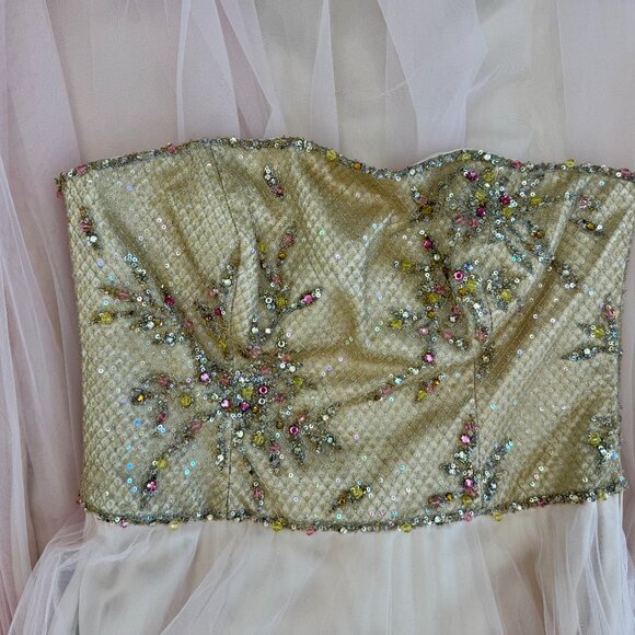 ESCADA Y2K Vintage Embellished Pink + Gold Tulle Ball Gown Evening Maxi Dress - Picture 6 of 9